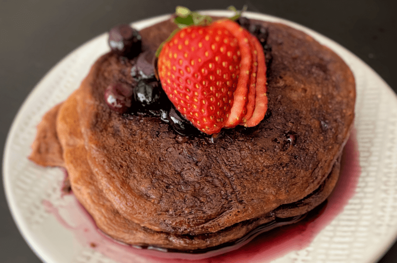 Vegan Chocolate Protein Pancakes (with mixed berry syrup)