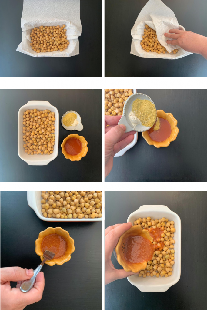 Dry the chickpeas with either a towel or paper towel. Pour the sauce over. Mix well.